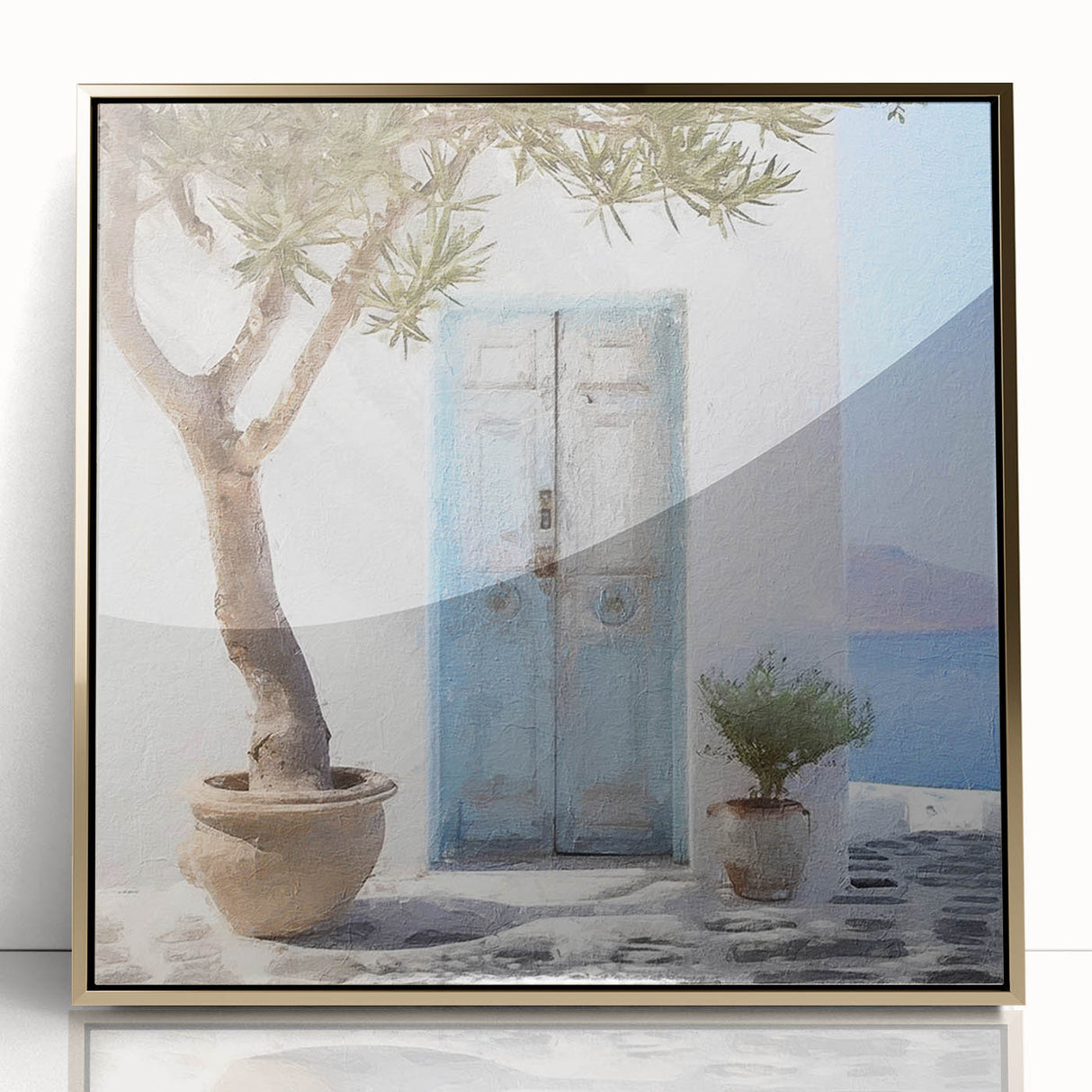 Mid-century modernist acrylic print featuring a Greek architecture door design in gold tones.