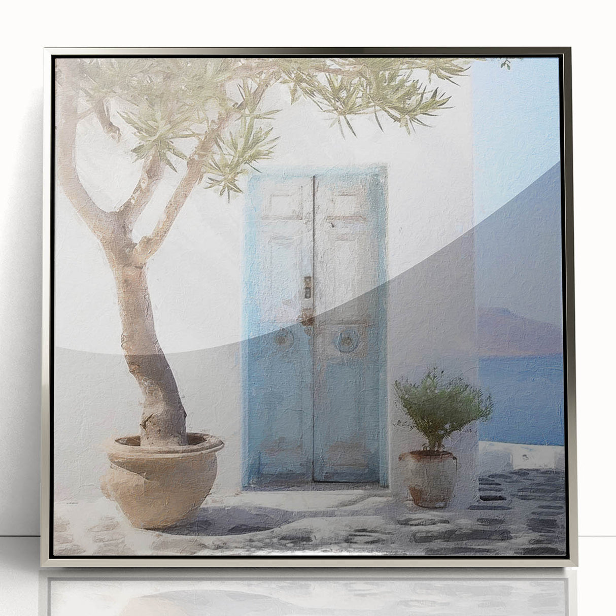 Mid-century modernist art of a Greek door, framed in acrylic with silver edges, in muted earth tones.