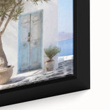 Close-up of a black framed canvas featuring a Greek door design in vibrant, textured colors.