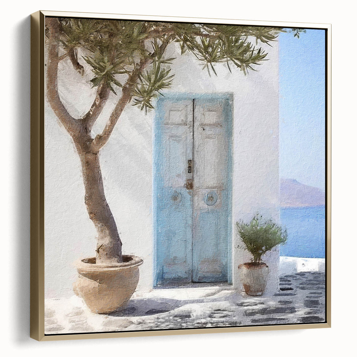Framed canvas depicting a vintage Greek door in black with gold and silver accents, ideal for bedroom wall art.
