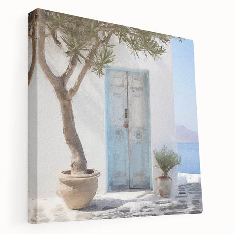 Side view of a large art print on stretched canvas depicting a Greek architecture door design, in muted earth tones.