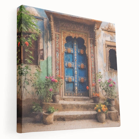 Side view of a stretched canvas featuring an Indian architecture door design in earth tones, suitable for kitchen wall art.