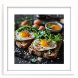 Abstract art print featuring swirling blue and gray tones, framed in white, suitable for dining room or bedroom decor.