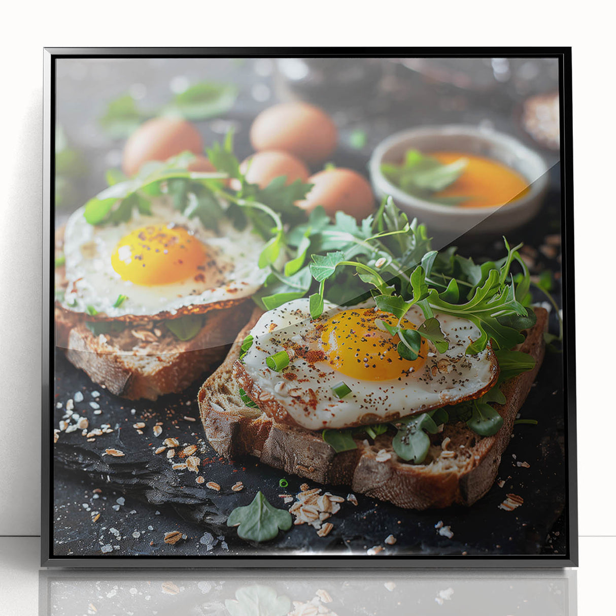 Large abstract wall art featuring geometric shapes in orange and teal on a black acrylic print, framed.