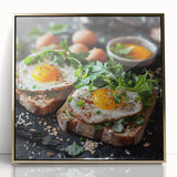 Mid-century modernist art featuring abstract dishes in gold and white tones on a framed acrylic print.