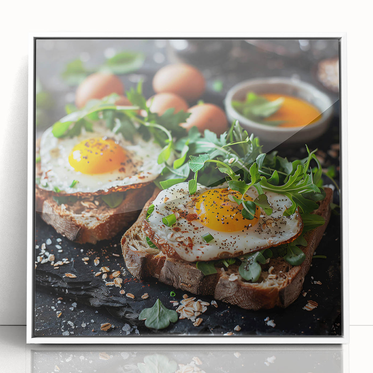 Art Deco poster featuring colorful abstract dishes on white acrylic, framed, ideal for nursery wall art.