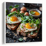 Vintage poster art of colorful dishes on a black background, framed canvas, ideal for living room decor.