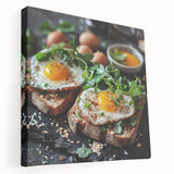 Large stretched canvas featuring an array of colorful dishes, ideal for kitchen wall art.