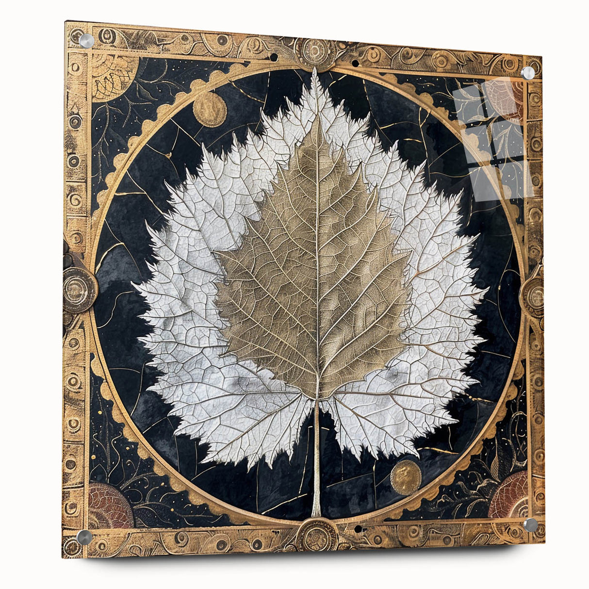 Acrylic wall art design showcasing vibrant flowers and botanical leaves, viewed from the side with decorative pins, perfect for adding color to modern interiors.