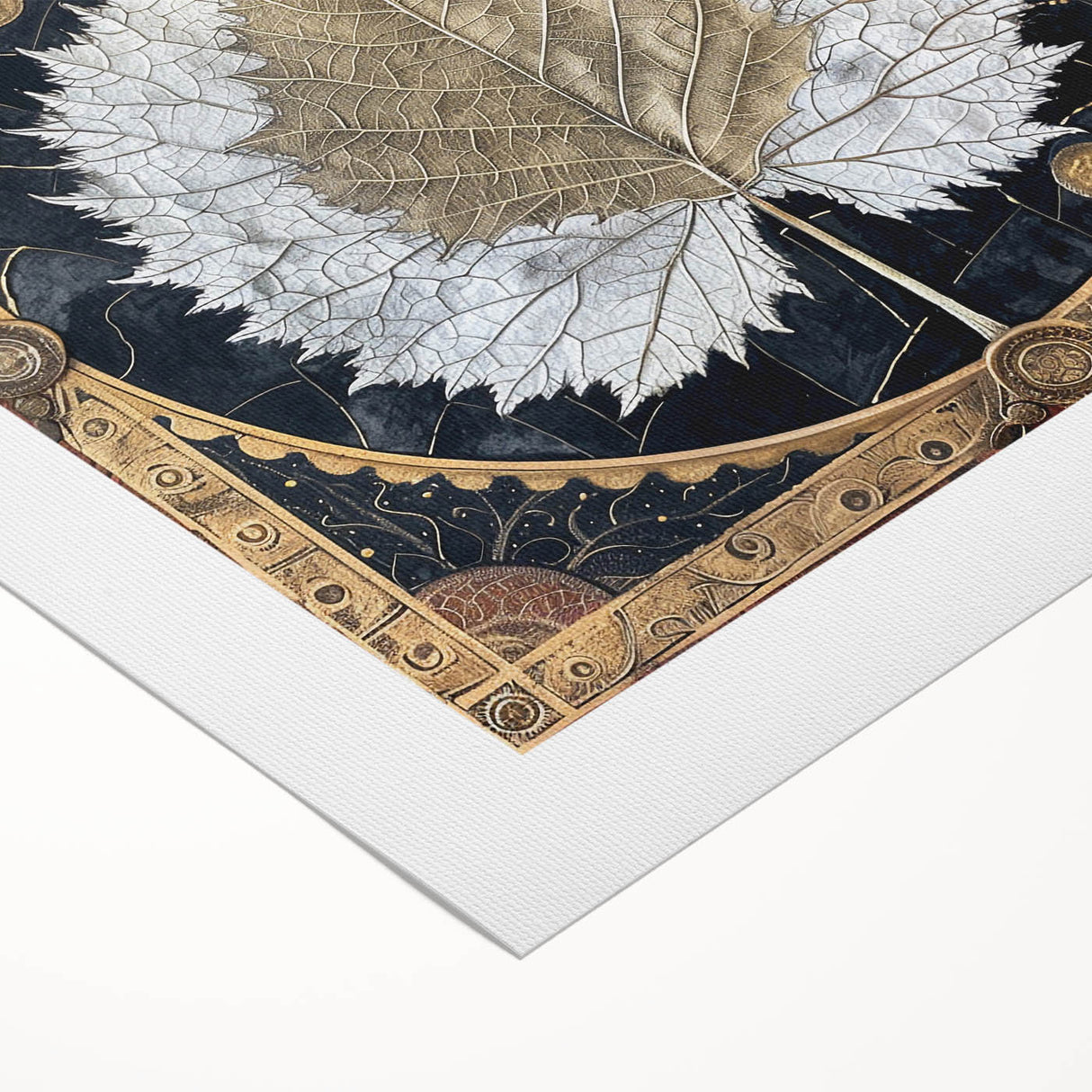 Rolled canvas art depicting vibrant flowers and botanical leaves, showcasing intricate details and lush colors, perfect for enhancing home decor aesthetics.