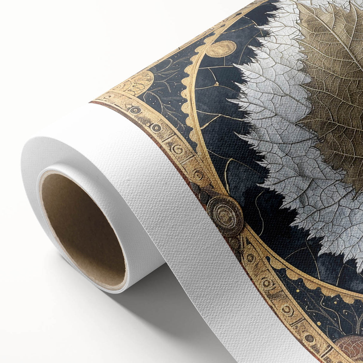 Rolled canvas showcasing vibrant floral and botanical wall art design with intricate leaves, perfect for home decor, beautifully packaged in a protective tube.