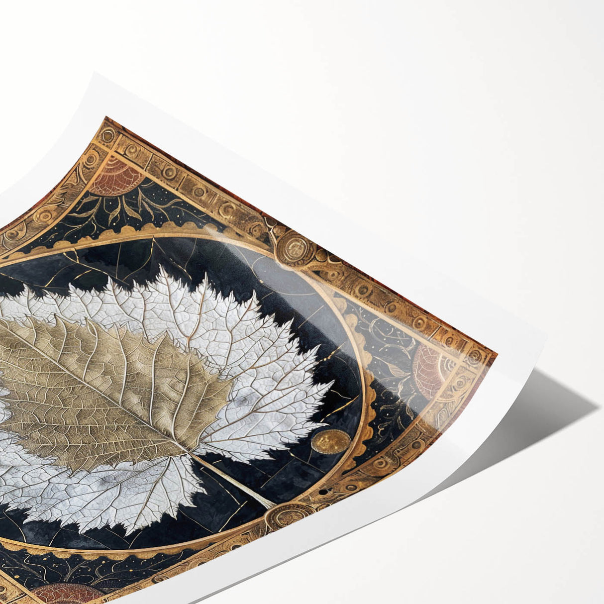 Rolled print showcasing a vibrant floral and botanical design with lush green leaves and colorful flowers, elegantly packaged for wall decor.