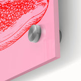 Large abstract wall art featuring assorted fruits in vibrant colors on acrylic glass, ideal for dining room art.