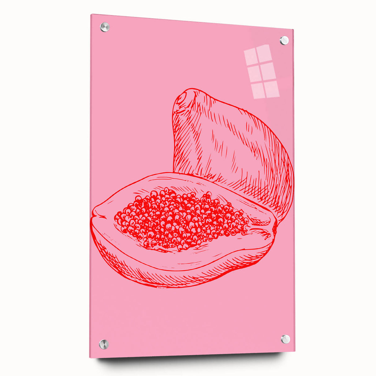 Acrylic print of large abstract wall art featuring assorted fruits in vibrant colors, ideal for dining room decor.