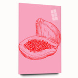 Large abstract wall art of assorted fruits in vibrant colors on acrylic glass, suitable for bedroom or dining room decor.