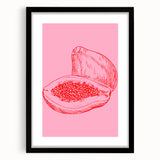 Extra large abstract art print featuring colorful, textured fruits, framed in black, ideal for living room decor.