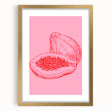 Extra large abstract art print featuring textured fruits in vibrant colors on a gold-framed canvas.