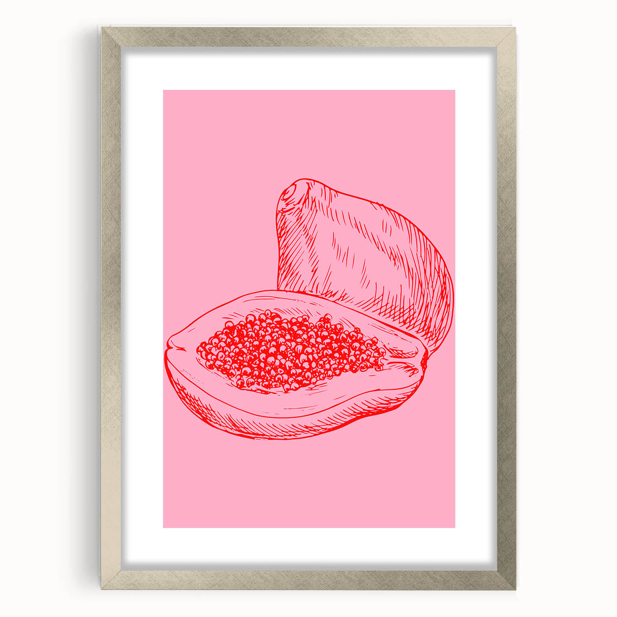 Textured art featuring abstract fruit designs in vibrant colors, framed in silver, ideal for kitchen wall decor.