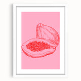 Abstract art print featuring assorted fruits in vibrant colors on a white framed mat, suitable for dining room decor.