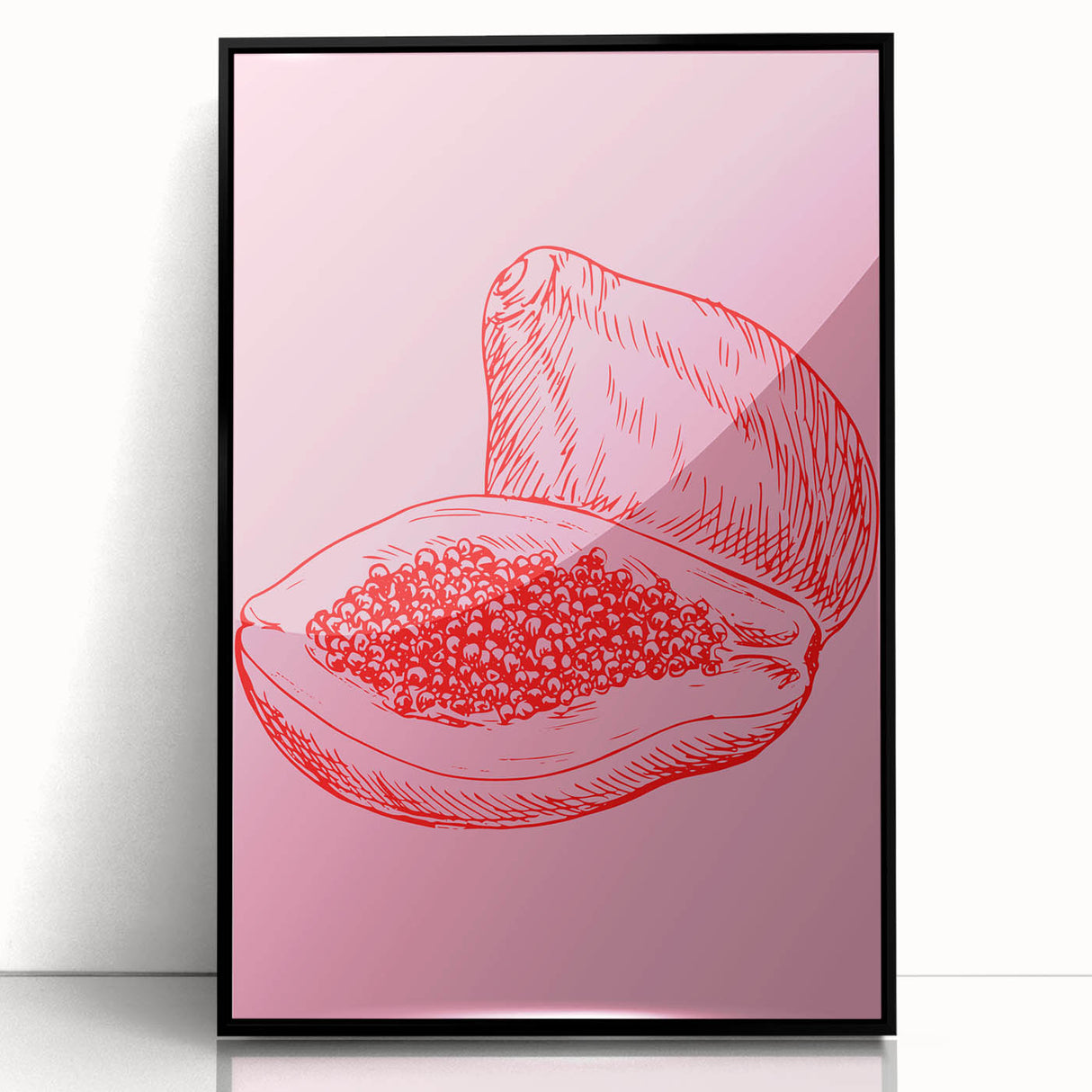 Large abstract wall art featuring assorted fruits in bold colors on a black acrylic framed print.