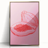Large art print of assorted fruits in vibrant colors on a gold-framed acrylic, ideal for modern kitchen decor.