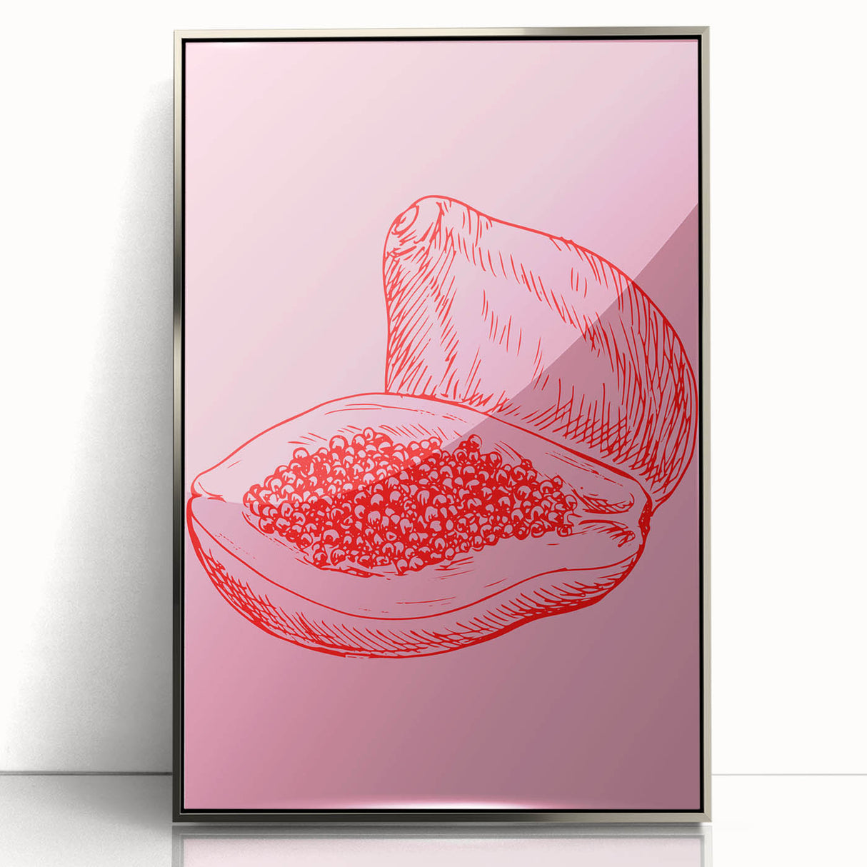 Mid-century modernist art featuring an array of colorful fruits on silver-framed acrylic, suitable for modern kitchen decor.