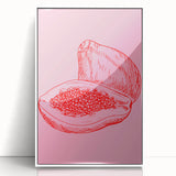 Art deco poster featuring an array of colorful fruits on a white acrylic framed canvas, suitable for modern nursery decor.