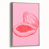 Landscape art painting of colorful fruits on a black background, framed in silver, vintage poster style.