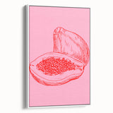 Vintage poster art of colorful fruits on a white framed canvas, ideal for living room decor.
