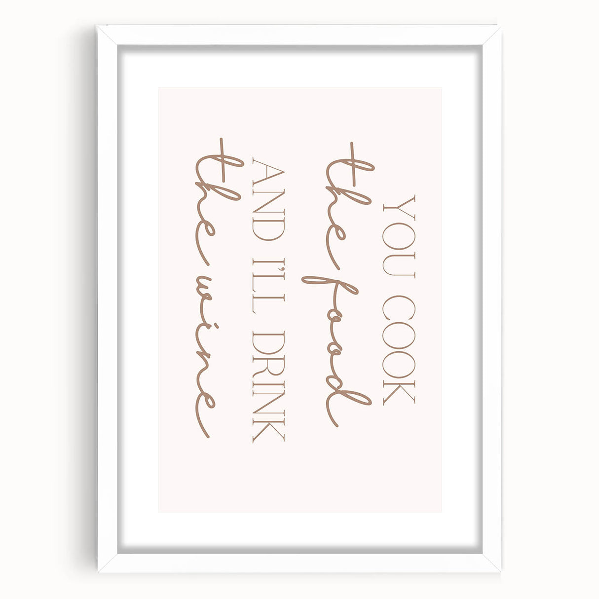 Abstract art print featuring assorted culinary motifs in vibrant hues, framed with a white mat.