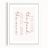 Abstract art print featuring assorted culinary motifs in vibrant hues, framed with a white mat.