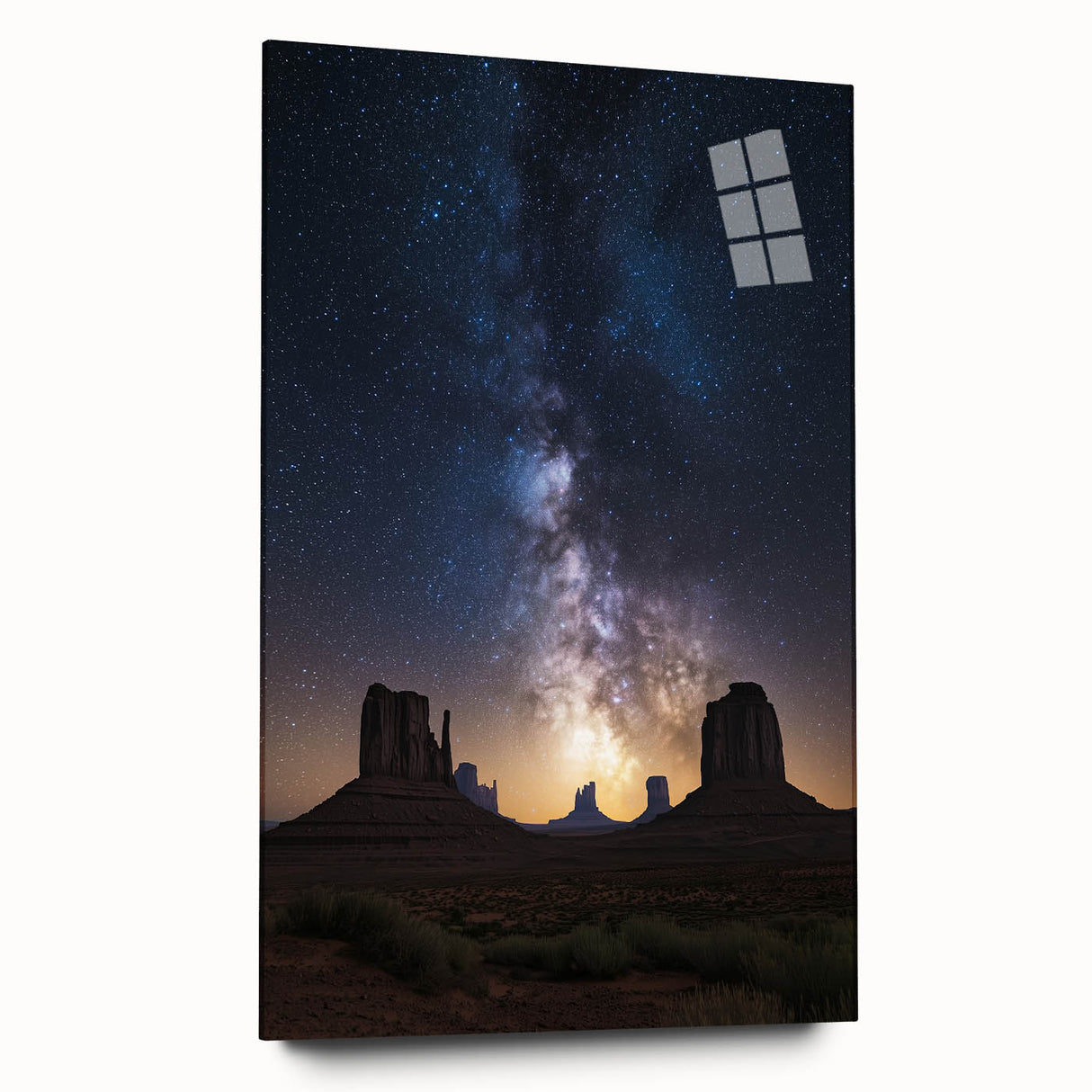 Desert landscape acrylic glass artwork showcasing vibrant orange and yellow hues depicting a serene sunset view, suitable for modern home decor.