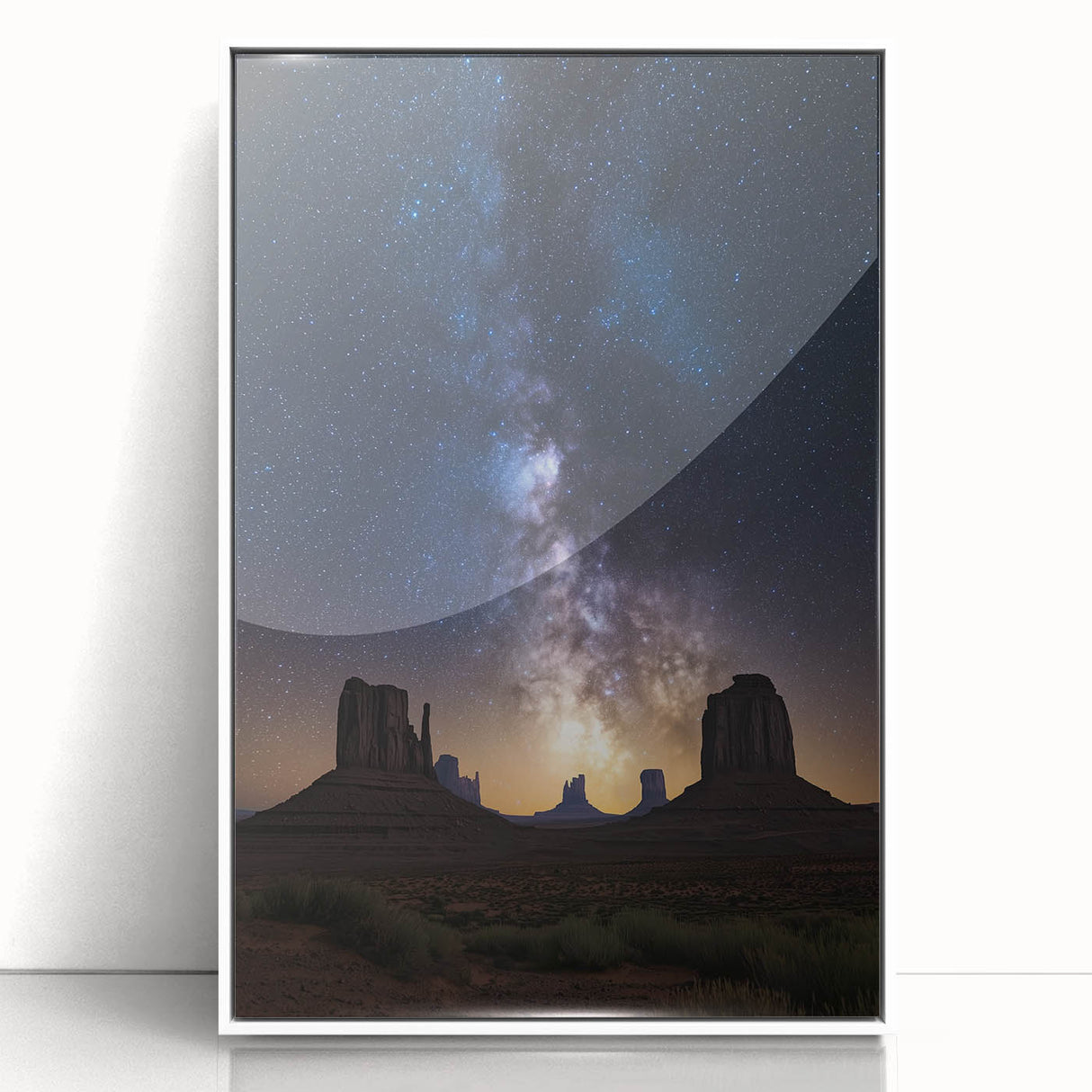 Framed acrylic artwork depicting a stunning desert landscape with vibrant colors and intricate details, showcasing natural beauty in a sleek white frame.