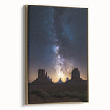 Framed canvas artwork showcasing a desert landscape with vivid colors and intricate details, featuring a gold frame and side view, ideal for modern decor.