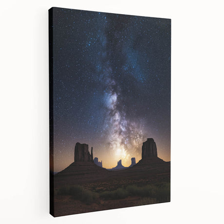 Stretched canvas artwork depicting a vibrant desert landscape with warm, earthy tones, showcasing rolling dunes and a serene sunset, perfect for home decor.