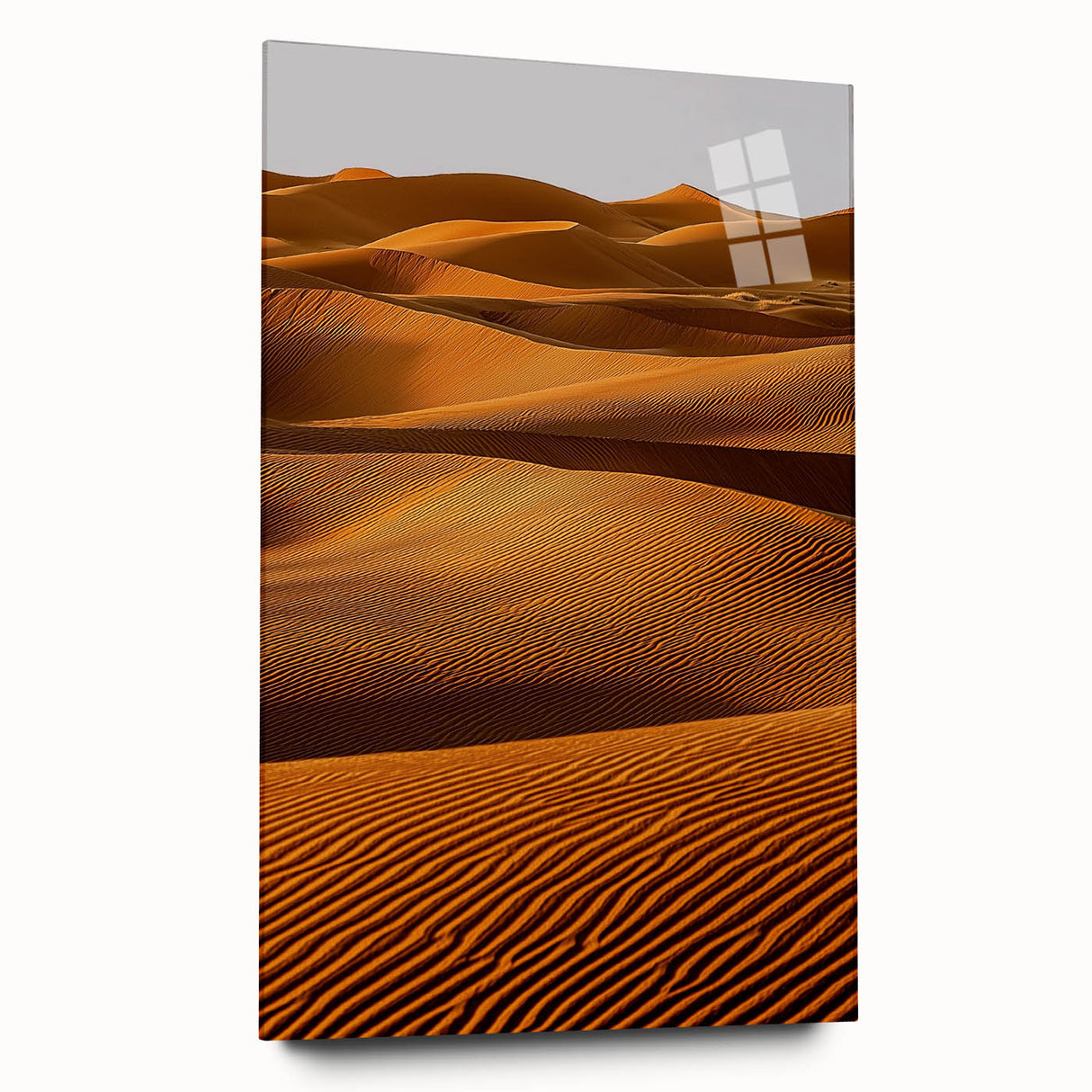Side view of a sleek acrylic glass print showcasing a serene desert landscape with rolling dunes, featuring soft beige and golden hues, ideal for enhancing modern home decor.