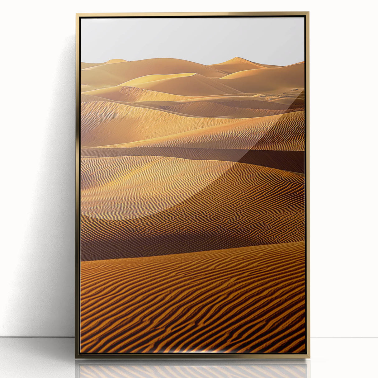 Framed acrylic artwork showcasing golden dunes landscape with intricate details, set in an elegant frame, ideal for modern home decor and art enthusiasts.