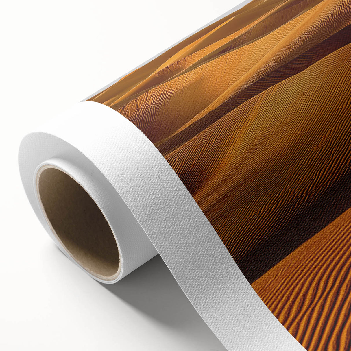 Dune landscape rolled canvas artwork showcasing vibrant sand hues and intricate textures, elegantly packaged for safe delivery and display in any interior space.