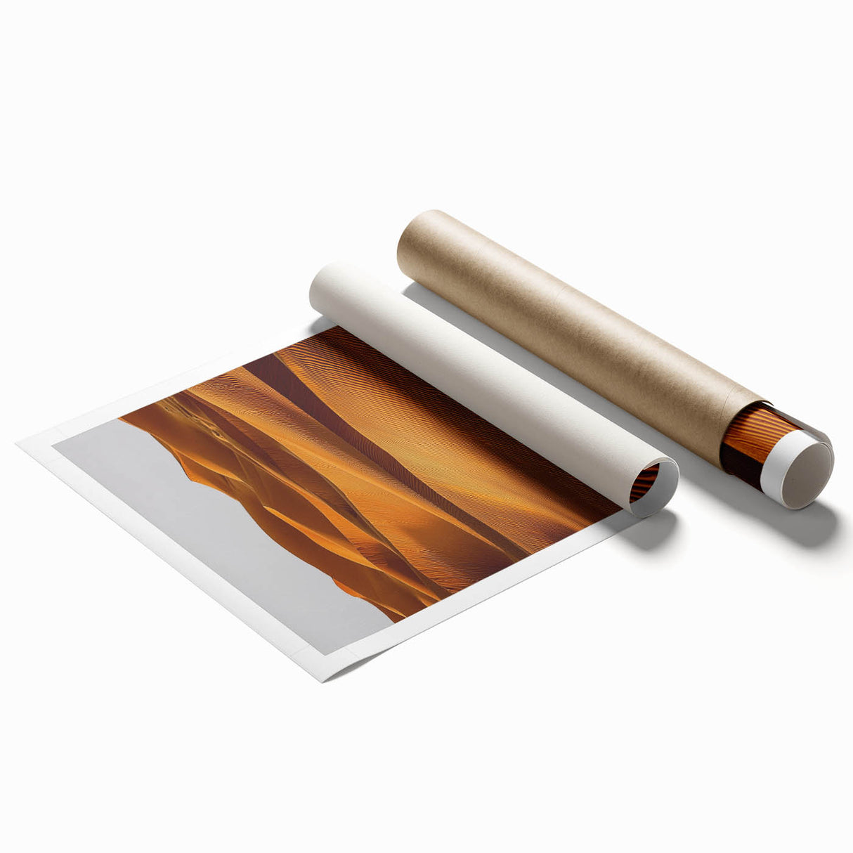 Stunning rolled print showcasing serene desert dunes in warm golden tones, expertly packaged in a protective cardboard tube for easy storage and display. Ideal for nature and landscape art enthusiasts seeking to enhance their home decor.