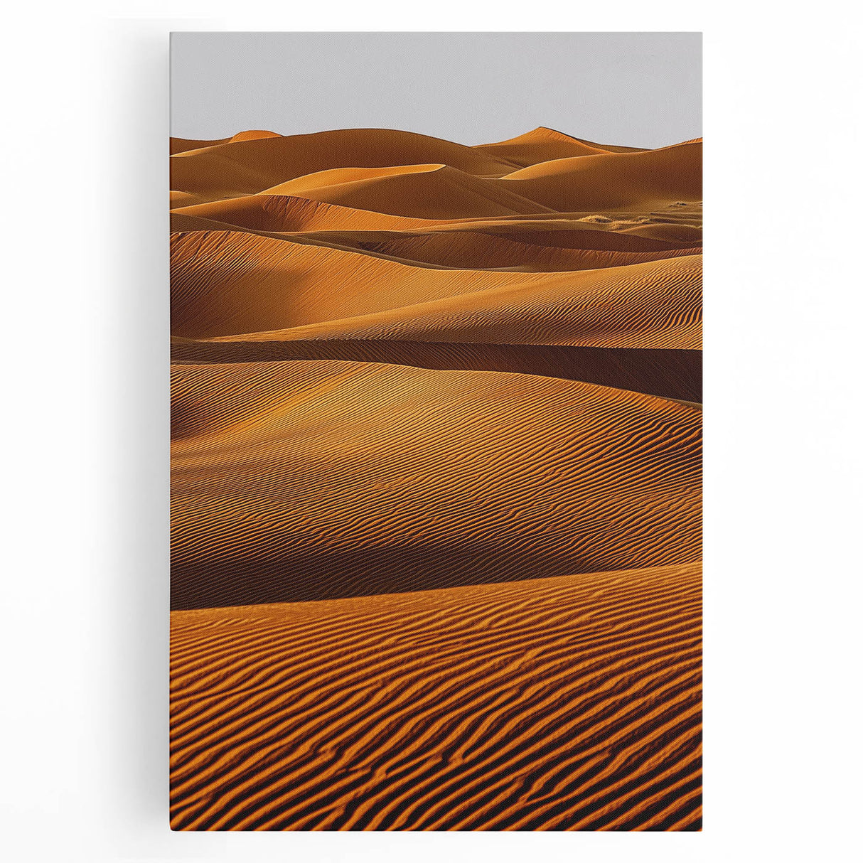 Stretched canvas artwork depicting serene sand dunes at sunset, showcasing warm orange and soft beige tones, ideal for modern home decor and relaxation spaces.
