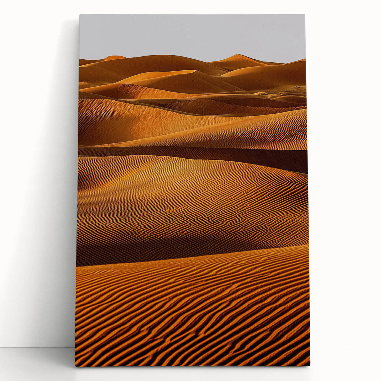 Stretched canvas artwork depicting serene sand dunes under a pastel sky, perfect for modern home decor. Ideal for living rooms or offices, adding a calming touch.