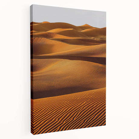 Stretched canvas artwork showcasing a serene desert landscape with dunes under a clear blue sky, ideal for modern home decor and art enthusiasts.