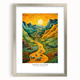 Textured abstract art print of a swirling sky in vibrant blue and yellow tones on a silver-framed canvas.