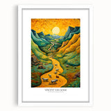 Abstract art print of swirling blue and yellow tones, framed with a white mat, ideal for bedroom or dining room decor.