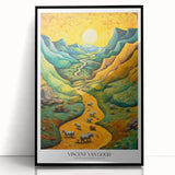 Large abstract wall art depicting swirling blue and yellow patterns on a black acrylic frame.