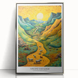 Acrylic framed print of Van Gogh’s impressionist style with a silver frame, featuring vibrant color palette.