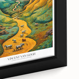 Close-up of a textured, extra large framed canvas depicting a colorful, impressionist style artwork.