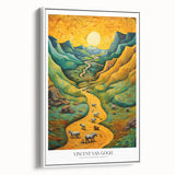 Vintage poster art featuring a Van Gogh impressionist painting in colorful hues on a large framed canvas.