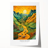 Impressionist floral painting by Van Gogh on rolled canvas, with vibrant blues and yellows, ideal for art wall dining room.