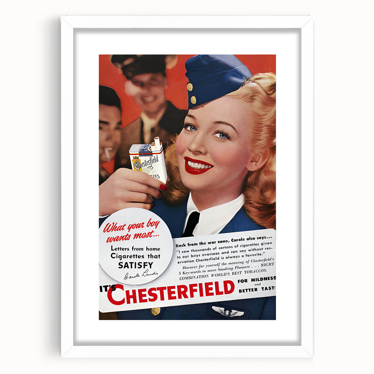 Vintage Chesterfield Cigarettes Ad Poster | Retro Flight Attendant Art